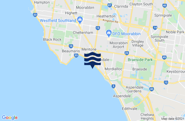 Mapa da tábua de marés em Clayton South, Australia