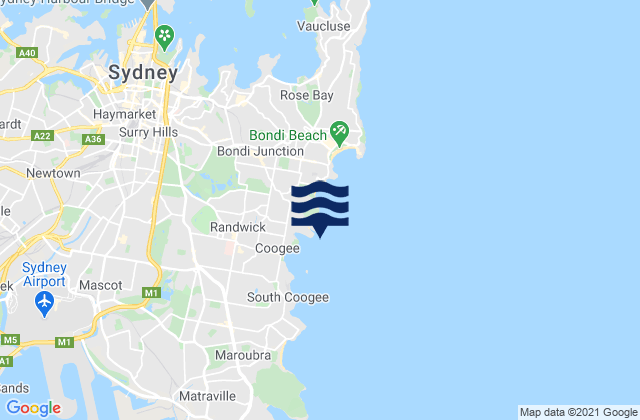 Mapa da tábua de marés em Clovelly Bay, Australia