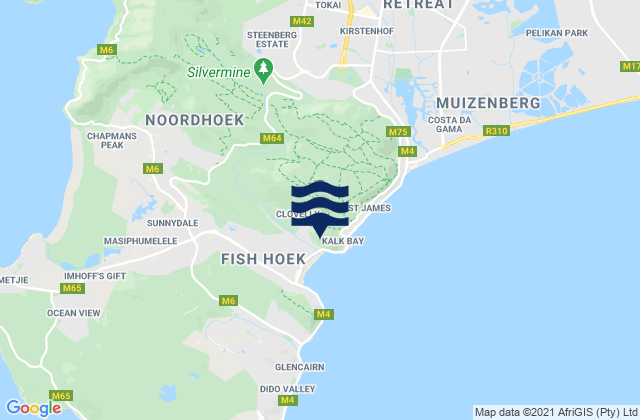 Mapa da tábua de marés em Clovelly, South Africa