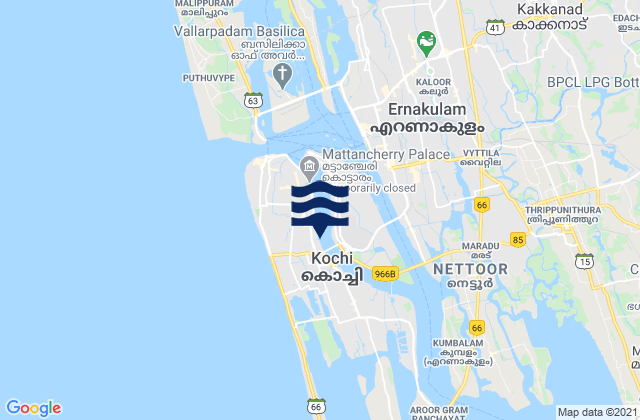 Mapa da tábua de marés em Cochin, India