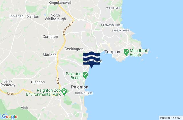 Mapa da tábua de marés em Cockington, United Kingdom