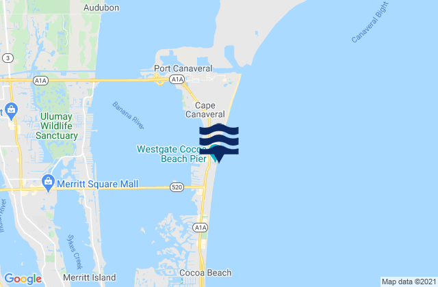 Mapa da tábua de marés em Cocoa Beach Pier, United States