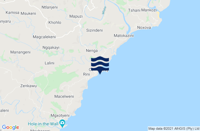 Mapa da tábua de marés em Coffee Bay, South Africa
