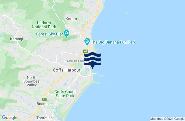 Mapa da tábua de marés em Coffs Harbour Beach, Australia
