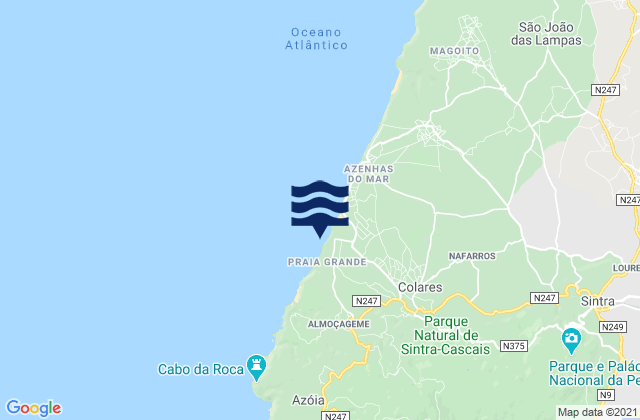 Mapa da tábua de marés em Colares, Portugal