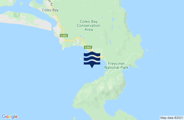 Mapa da tábua de marés em Coles Bay, Australia