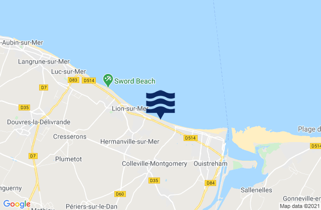 Mapa da tábua de marés em Colleville-Montgomery, France