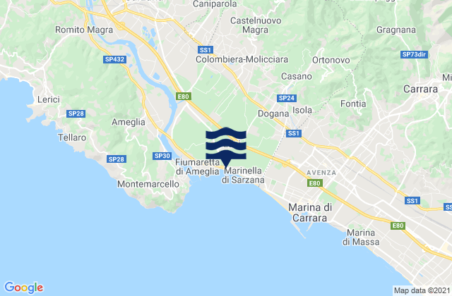 Mapa da tábua de marés em Colombiera-Molicciara, Italy
