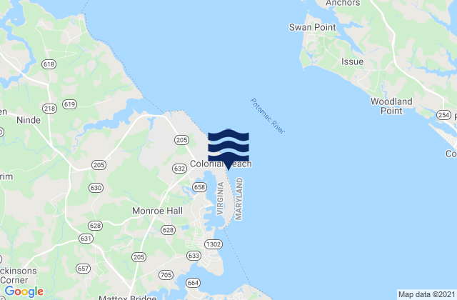 Mapa da tábua de marés em Colonial Beach, United States