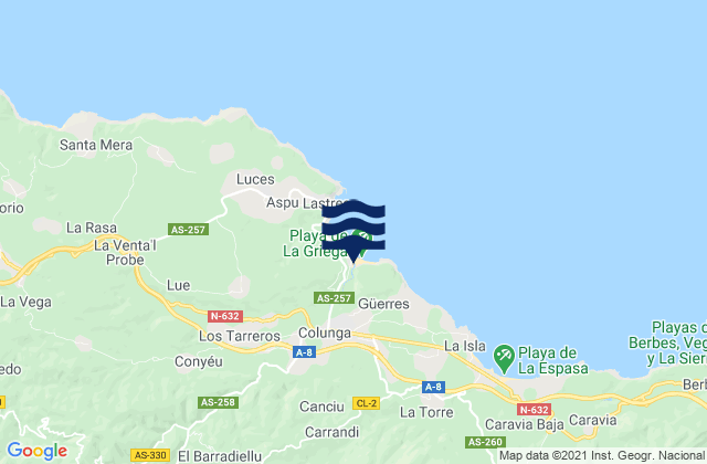 Mapa da tábua de marés em Colunga, Spain