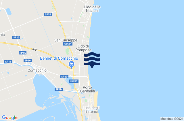 Mapa da tábua de marés em Comacchio, Italy