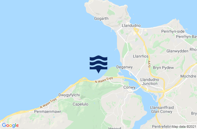 Mapa da tábua de marés em Conwy Morfa Beach, United Kingdom