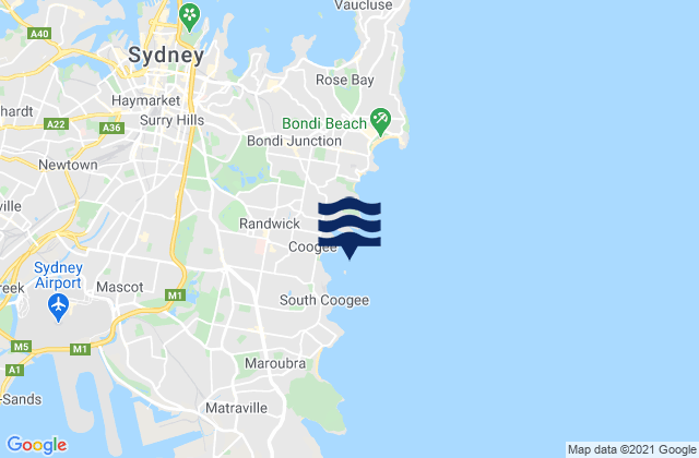 Mapa da tábua de marés em Coogee, Australia