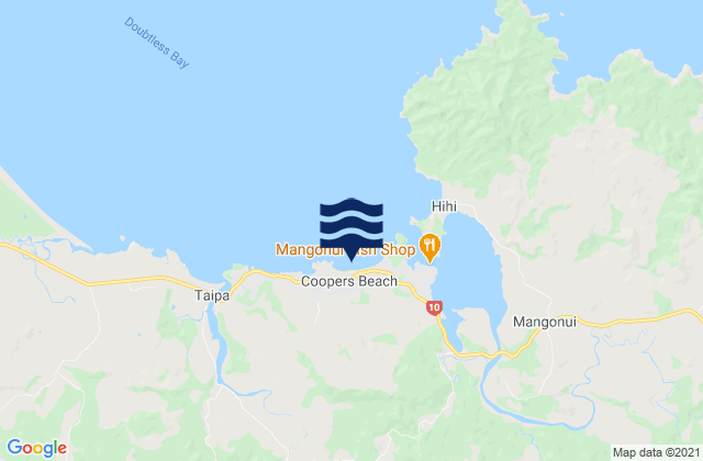 Mapa da tábua de marés em Coopers Beach, New Zealand