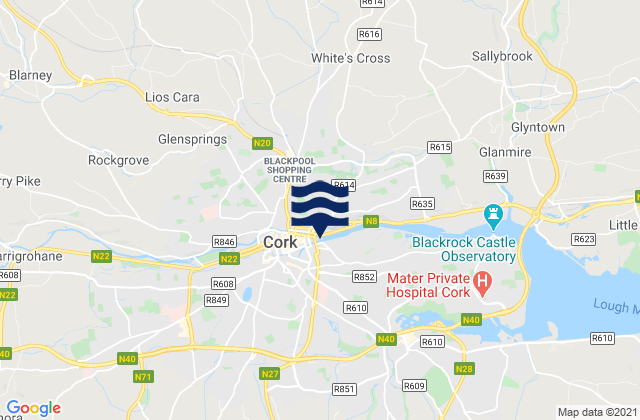 Mapa da tábua de marés em Cork City, Ireland