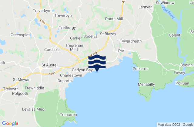 Mapa da tábua de marés em Cornwall, United Kingdom