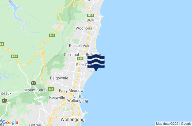 Mapa da tábua de marés em Corrimal Beach, Australia