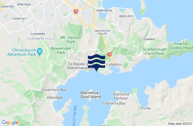 Mapa da tábua de marés em Corsair Bay, New Zealand