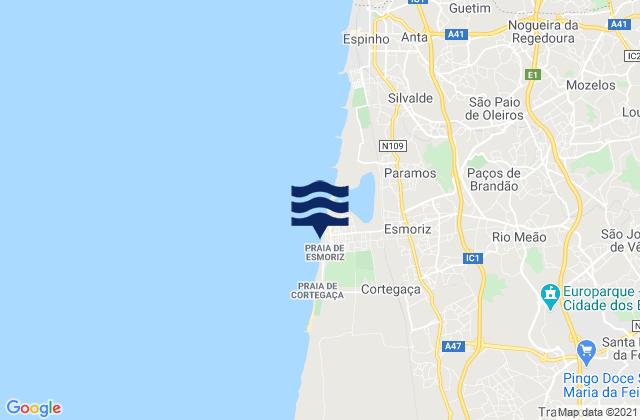 Mapa da tábua de marés em Cortegaça, Portugal