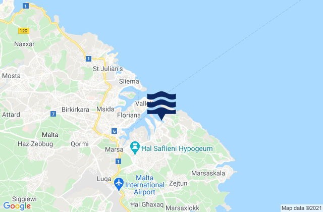 Mapa da tábua de marés em Cospicua, Malta