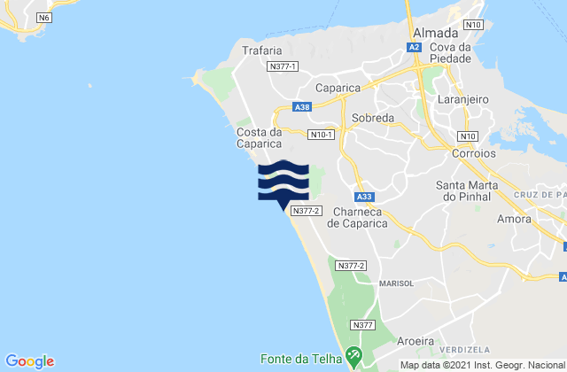 Mapa da tábua de marés em Costa da Caparica, Portugal