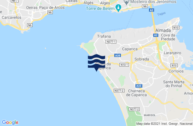 Mapa da tábua de marés em Costa de Caparica, Portugal