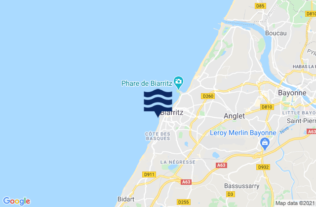 Mapa da tábua de marés em Cote des Basques, France