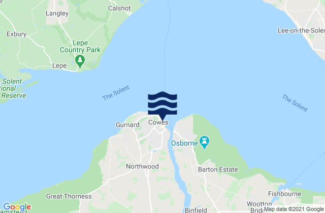 Mapa da tábua de marés em Cowes, United Kingdom