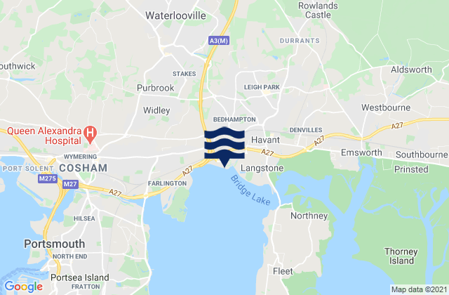 Mapa da tábua de marés em Cowplain, United Kingdom