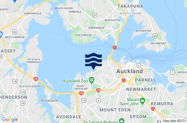 Mapa da tábua de marés em Coxs Bay, New Zealand