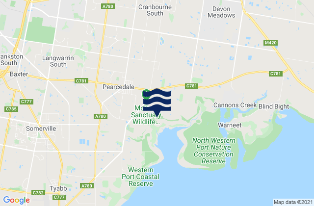 Mapa da tábua de marés em Cranbourne South, Australia
