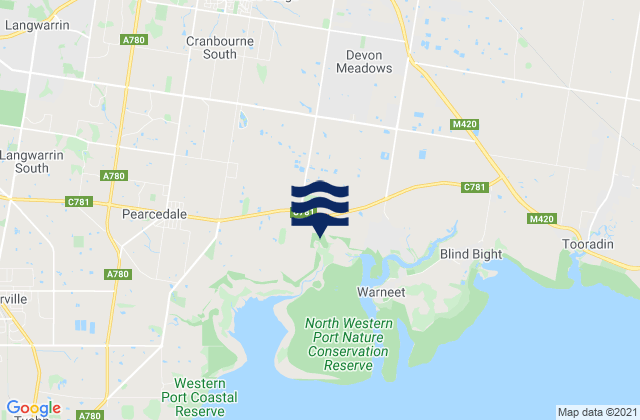 Mapa da tábua de marés em Cranbourne West, Australia
