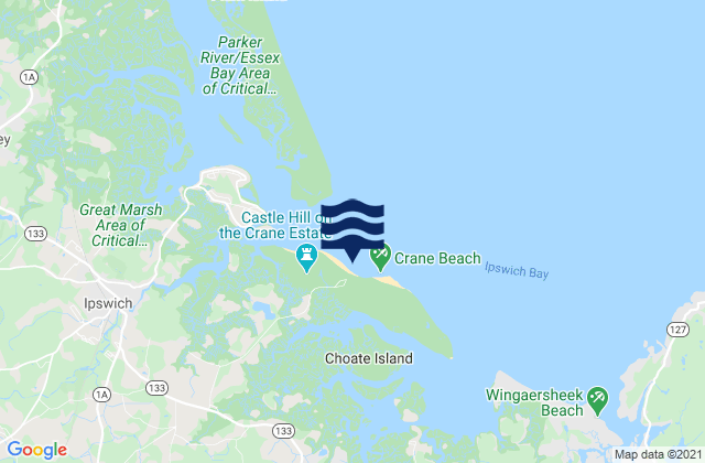 Mapa da tábua de marés em Crane Beach, United States