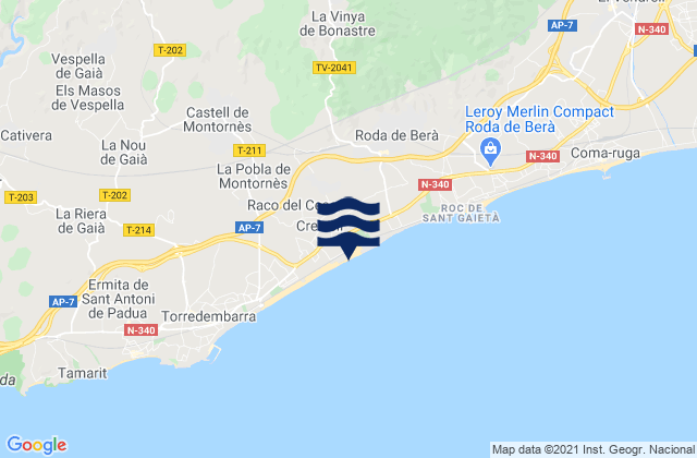 Mapa da tábua de marés em Creixell, Spain