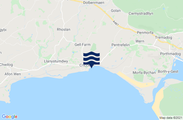 Mapa da tábua de marés em Criccieth Beach, United Kingdom