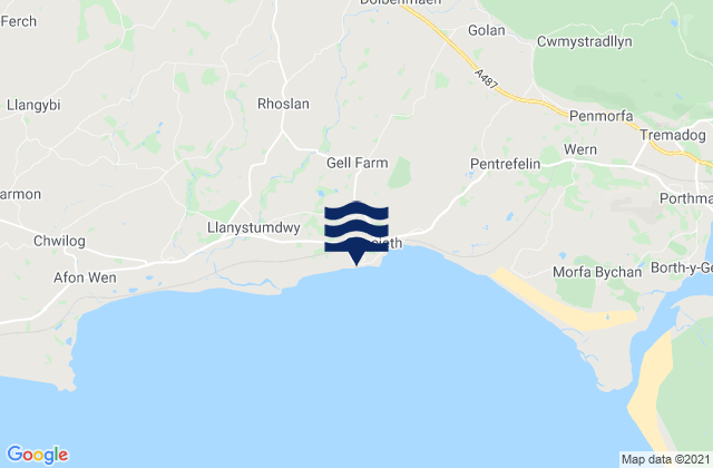 Mapa da tábua de marés em Criccieth Castle Beach, United Kingdom
