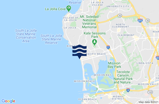 Mapa da tábua de marés em Crystal Pier and Pacific Beach, United States