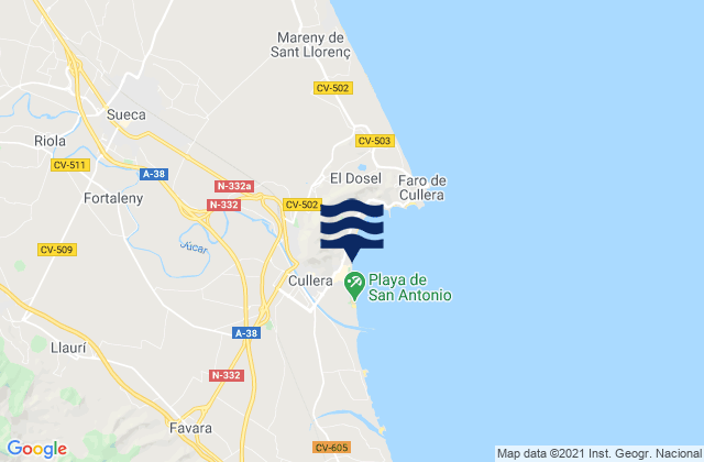 Mapa da tábua de marés em Cullera, Spain