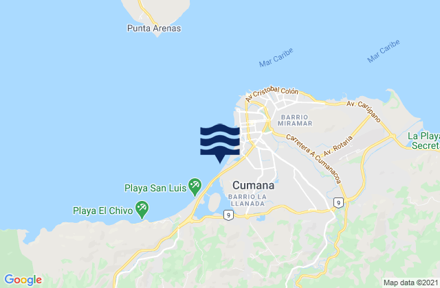 Mapa da tábua de marés em Cumana, Venezuela