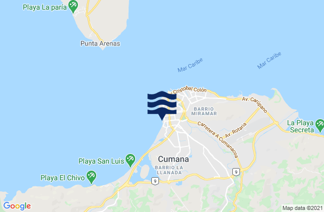 Mapa da tábua de marés em Cumaná, Venezuela