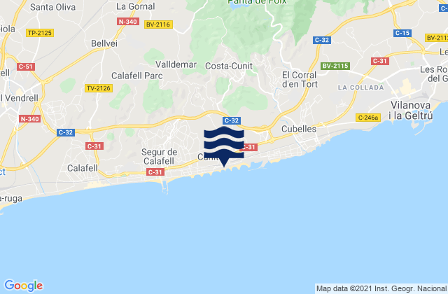 Mapa da tábua de marés em Cunit, Spain