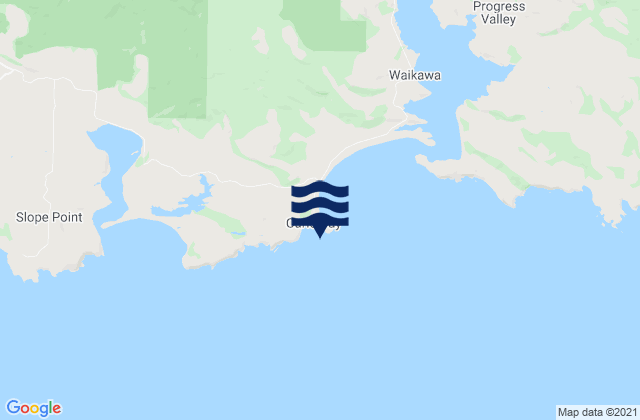 Mapa da tábua de marés em Curio Bay, New Zealand