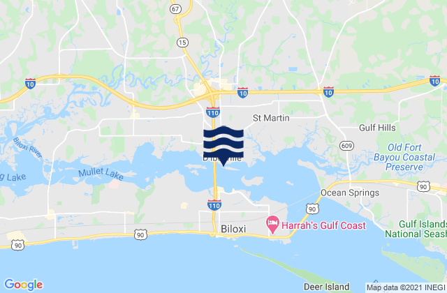 Mapa da tábua de marés em D'Iberville, United States