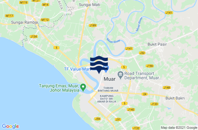 Mapa da tábua de marés em Daerah Muar, Malaysia