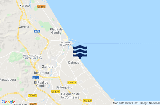 Mapa da tábua de marés em Daimús, Spain