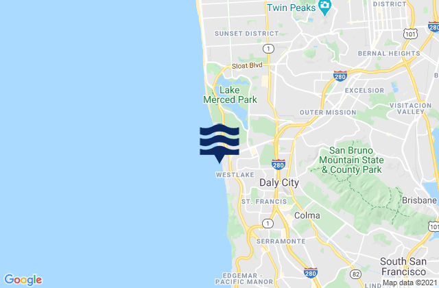 Mapa da tábua de marés em Daly City, United States