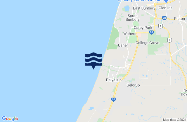 Mapa da tábua de marés em Dalyellup Beach, Australia