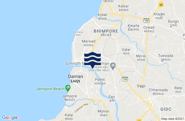 Mapa da tábua de marés em Daman District, India