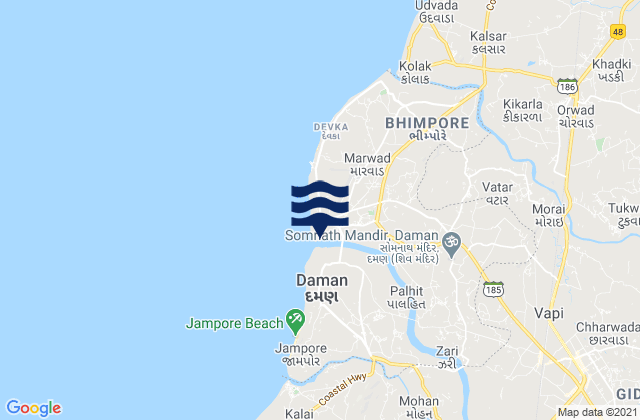 Mapa da tábua de marés em Damān, India