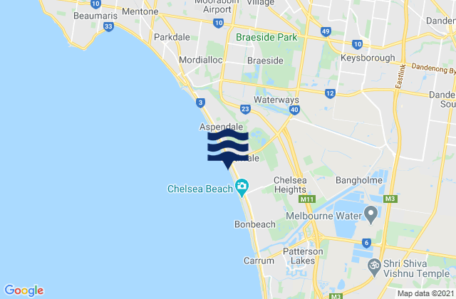 Mapa da tábua de marés em Dandenong, Australia